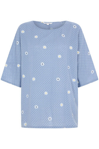 3/4 Sleeve Spaced Daisy Print Linen Look Top