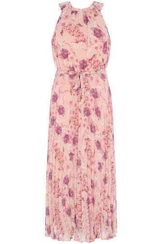 Botanical Floral Pleated Belted Dress