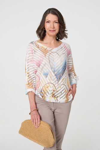 Izabel London – Heart Print Open Knit 3/4 Sleeve Top