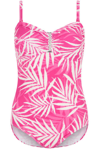 Palm Print Swimsuit With Pearl Front Detail