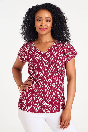 Ikat Print Shirred Shoulder Textured Top