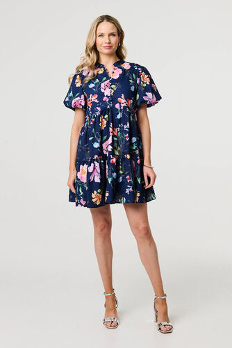 Izabel London – Floral High Neck Puff Sleeve Mini Dress