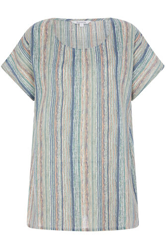 Mixed Stripe Print Linen Look Top