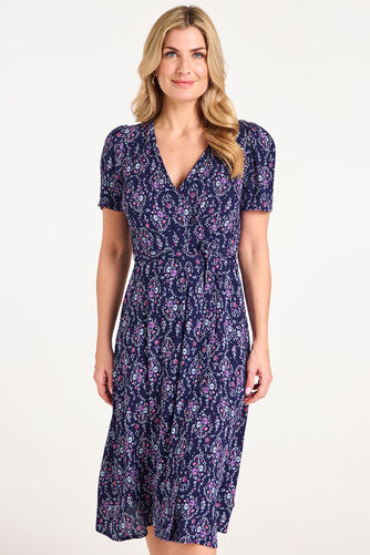 Floral Tile Print Button Detail Wrap Dress
