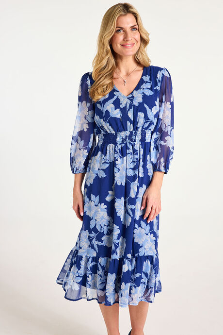 Large Floral Print Shirred Waist Dress