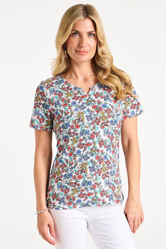 Notch Neck Ditsy Floral Print T-Shirt