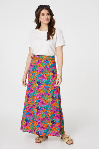 Izabel London - Floral Print Belted A-Line Maxi Skirt