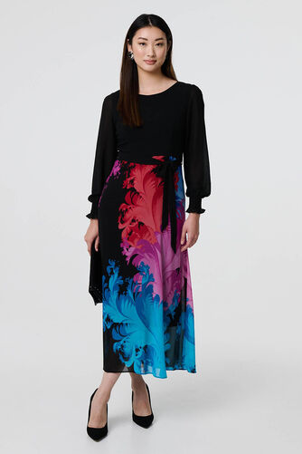 Izabel London – Floral Contrast Print Tie Waist Midi Dress