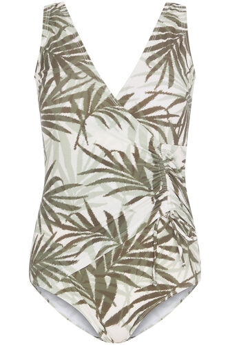Wrap Front Palm Print Ruched Swimsuit