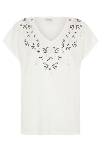 Embellished Floral Print Linen Look T-Shirt