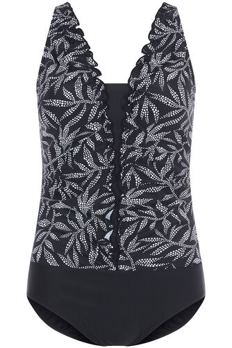 Spot Leaf Mono Print Frill Detail Swimsuit