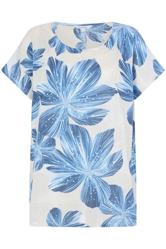 Large Floral Print Linen Look Top