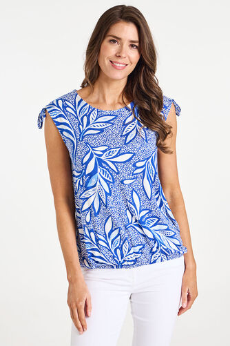 Dotty Leaf Print Ruched Shoulder Bubble Hem Top